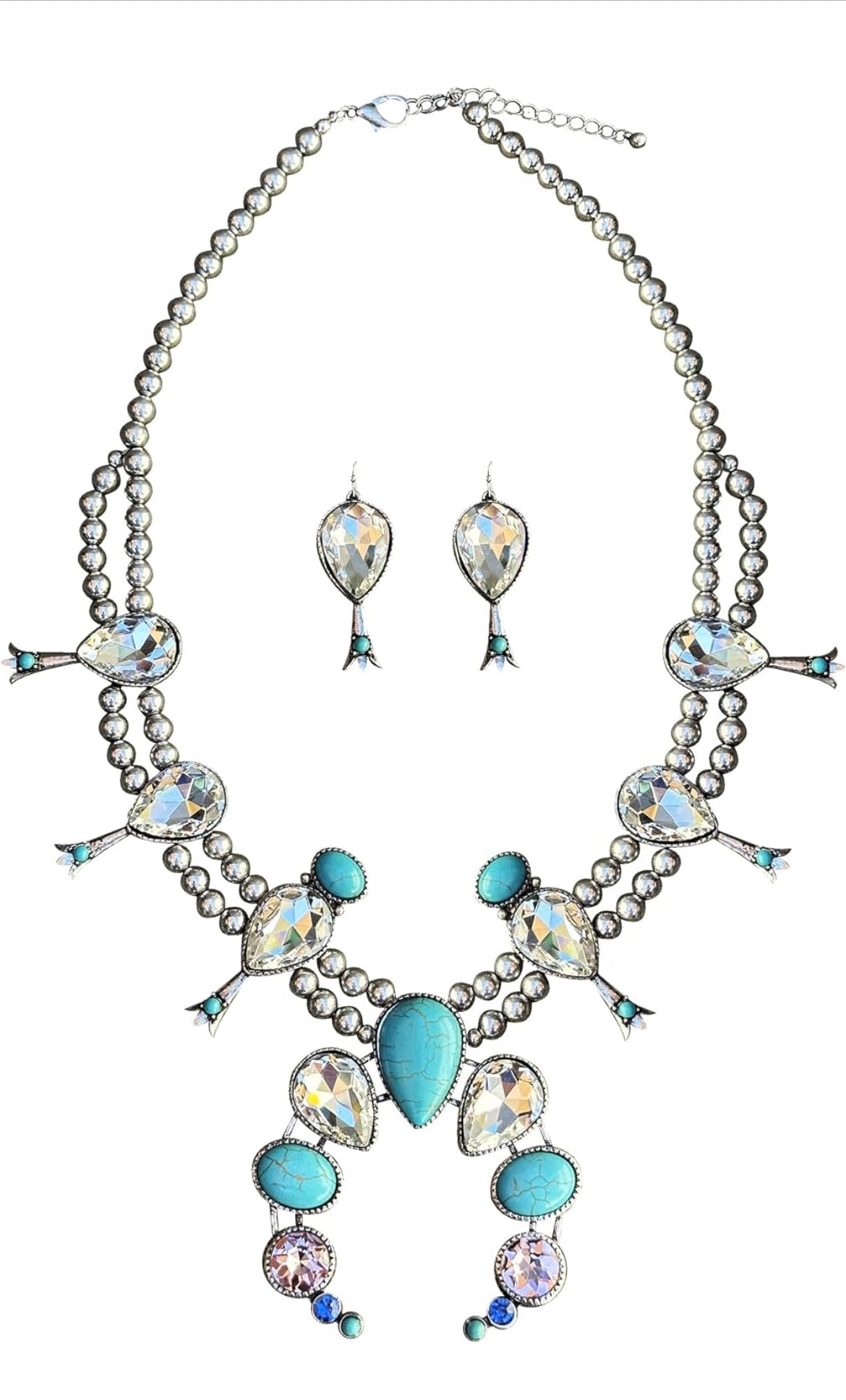 Parton Me Platinum Iridescent Crystal and Turquoise Naja Necklace and Earring Set