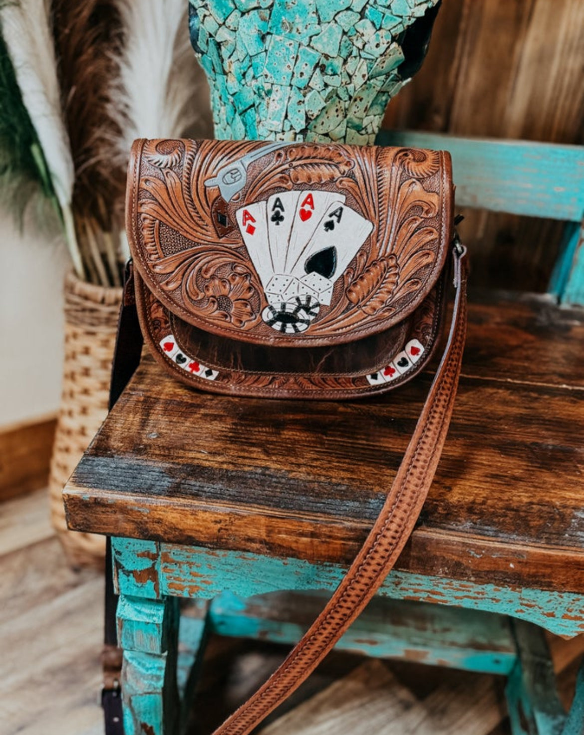 Brown Leather Tooled Cards Crossbody   