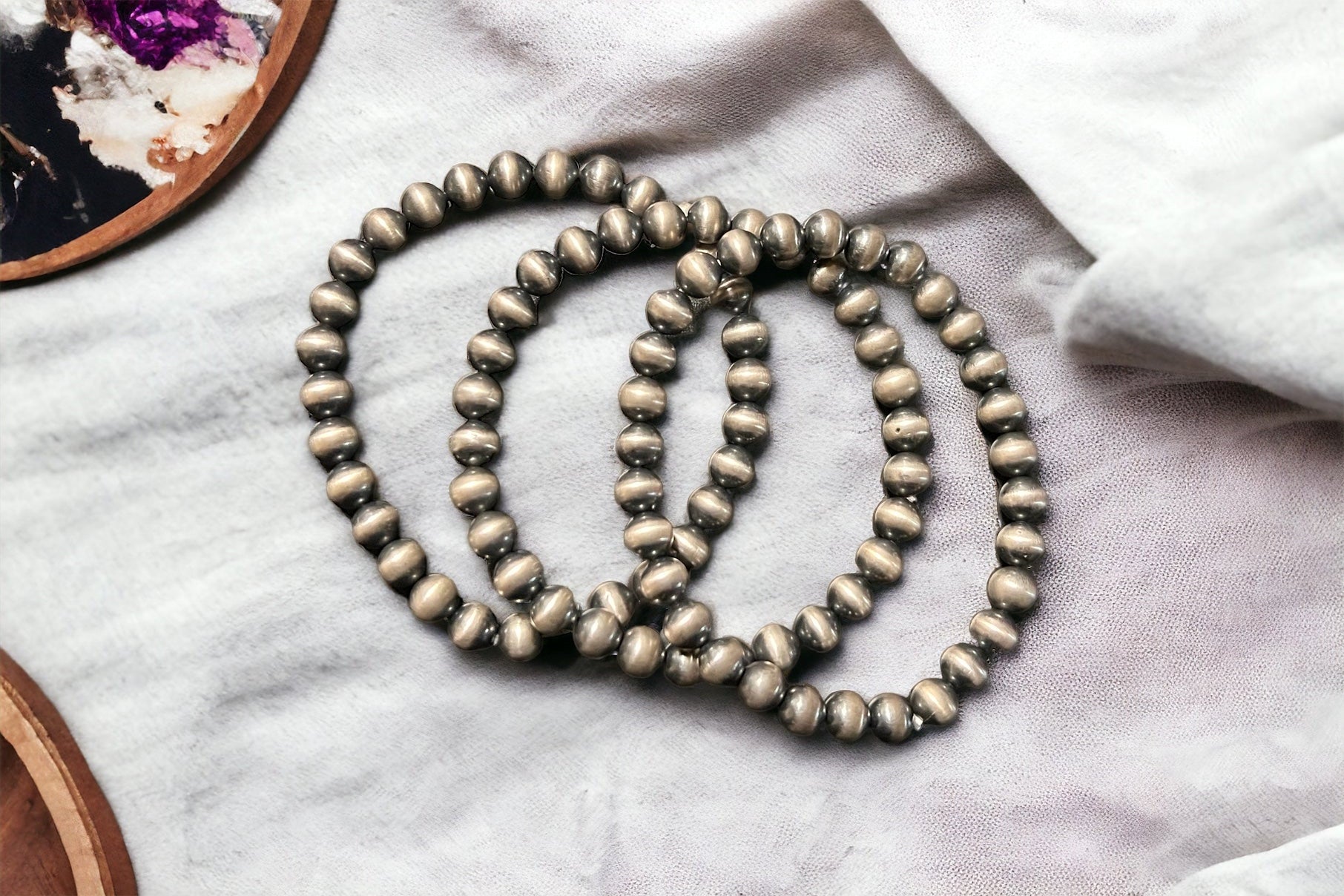 Sterling Navajo Finished Pearl 6mm Stretch Bracelet