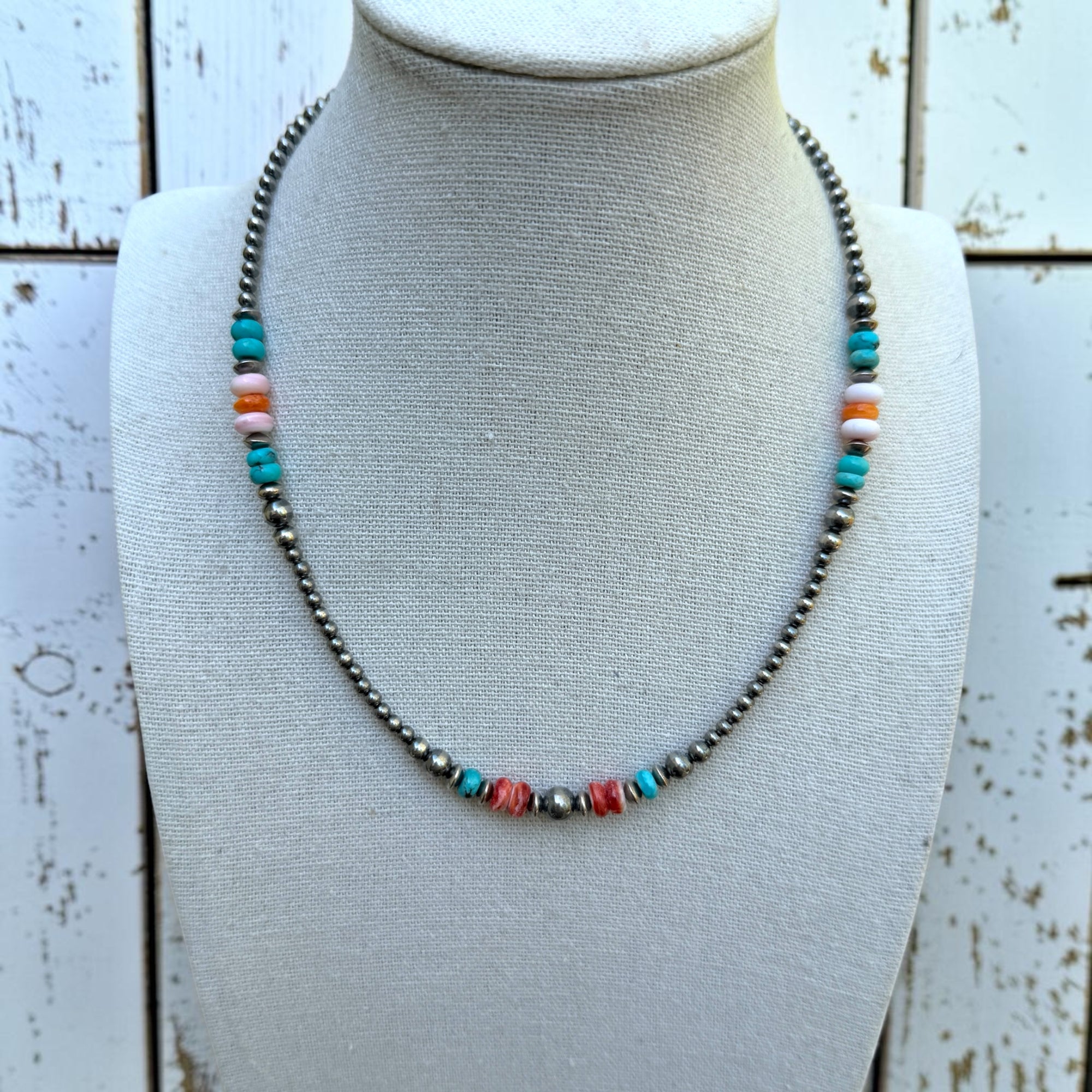 18” 4-12 MM Sterling Desert Pearl, Kingman, Spiny & Pink Conch Necklace