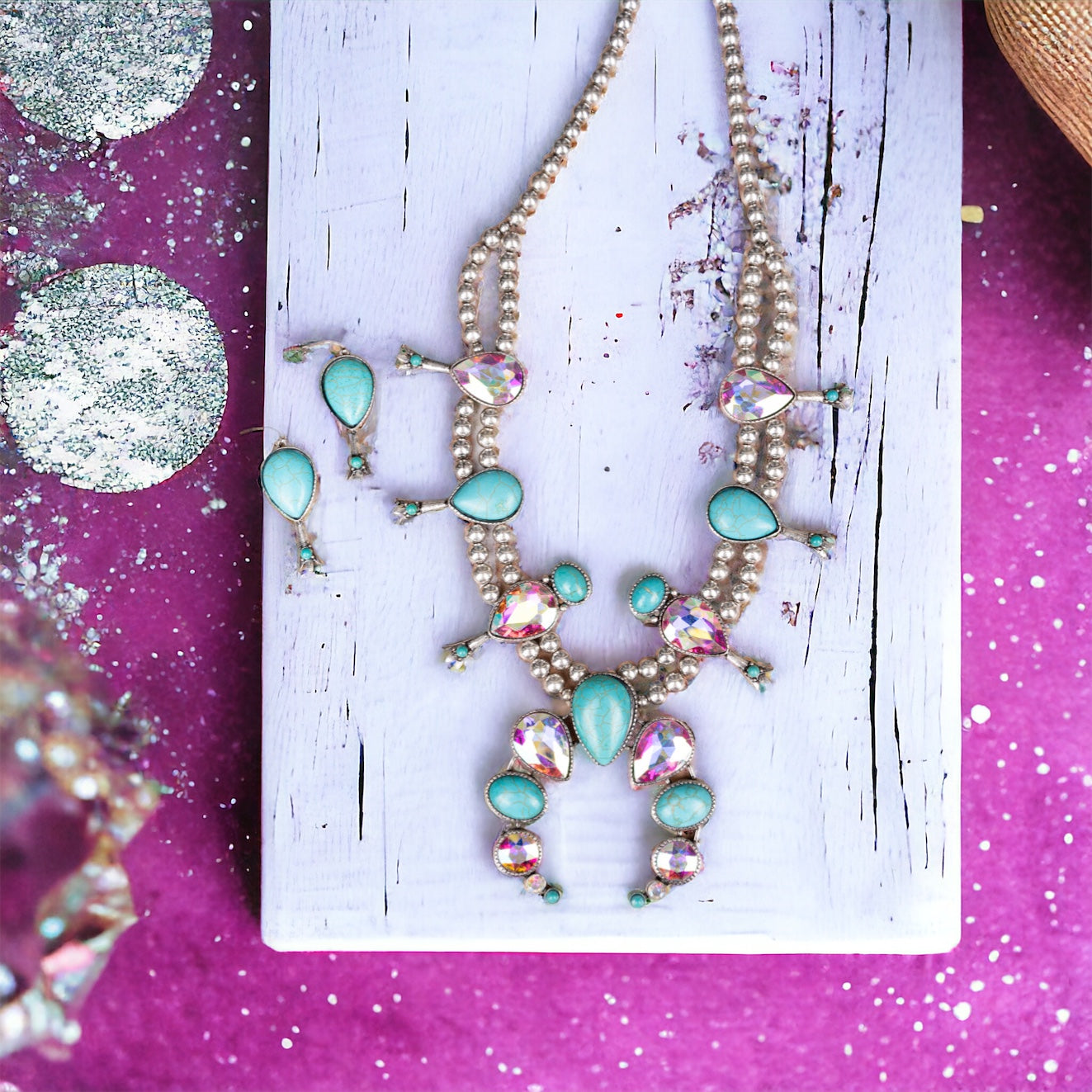 Parton Me Iridescent Crystal and Turquoise Naja Necklace and Earring Set