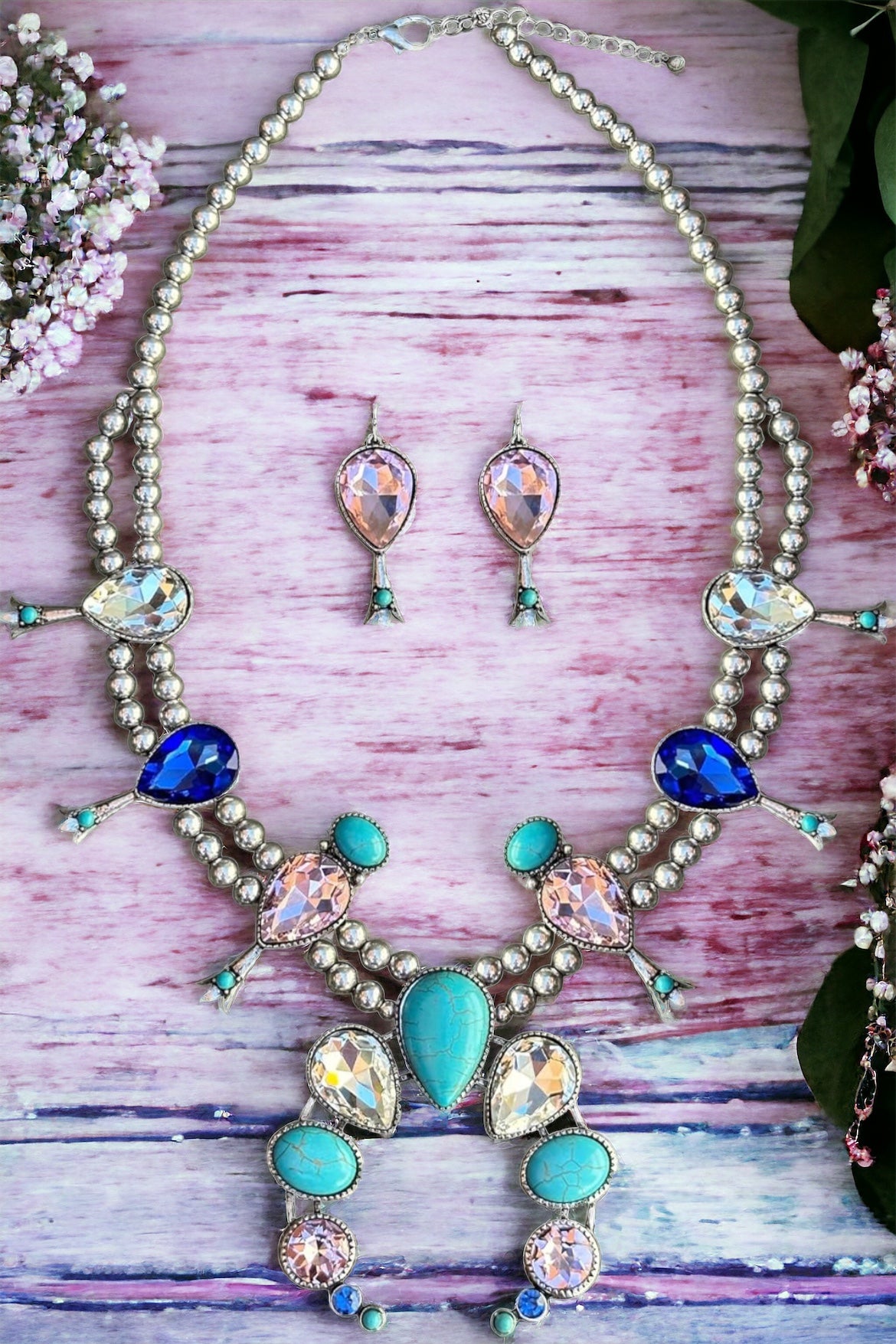 Dolly Does Houston Silvertone Iridescent Naja Necklace and Earring Set
