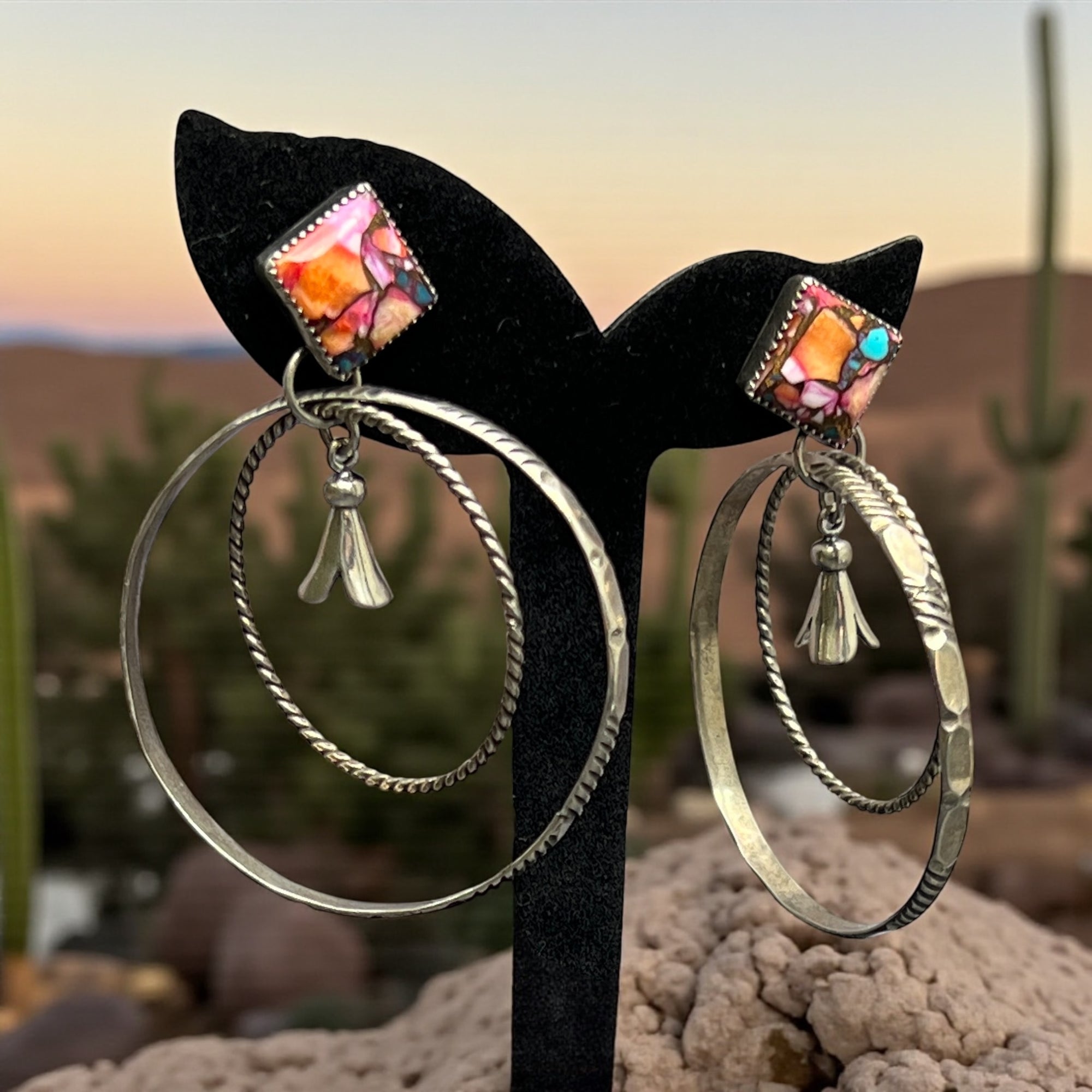 Pink Dahlia XL Hand Stamped Hoops- Outwest Silver