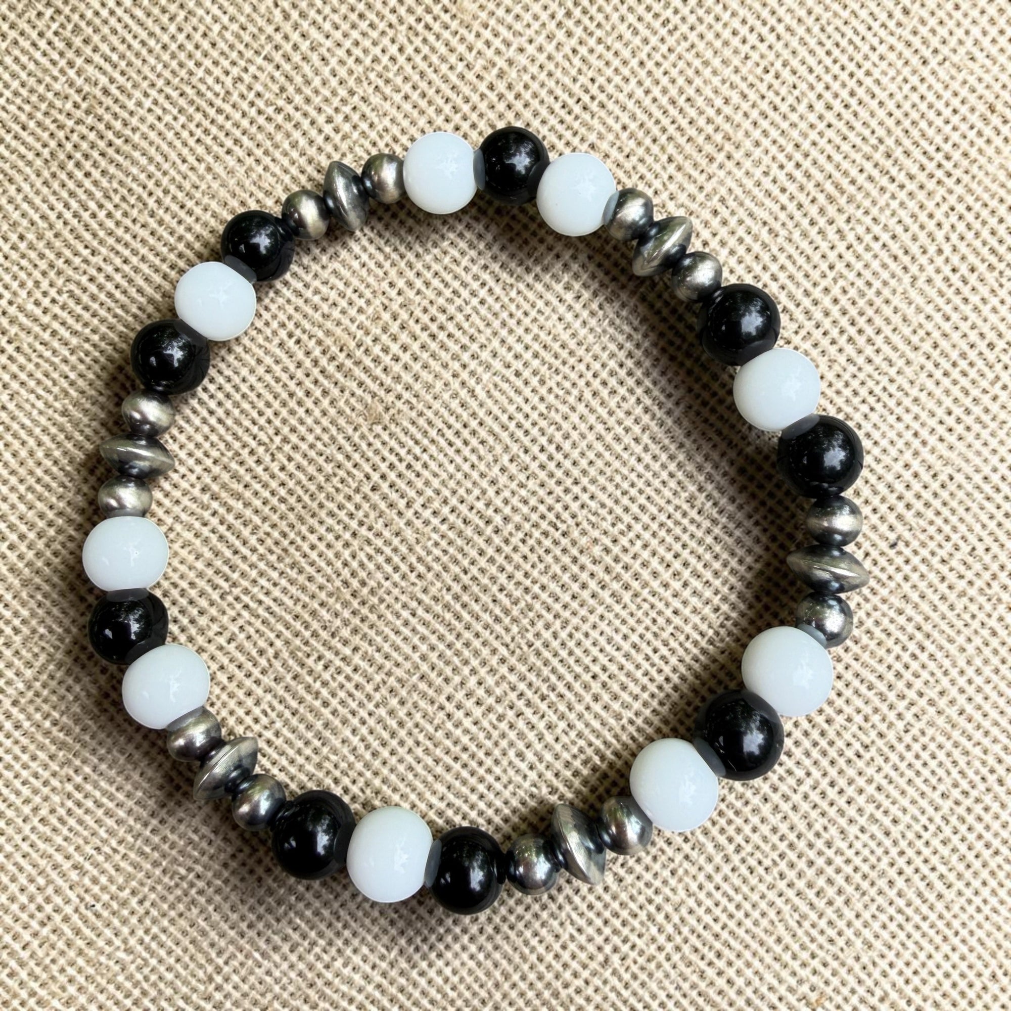 White & Black Onyx 5 3/4" Stretch Bracelet