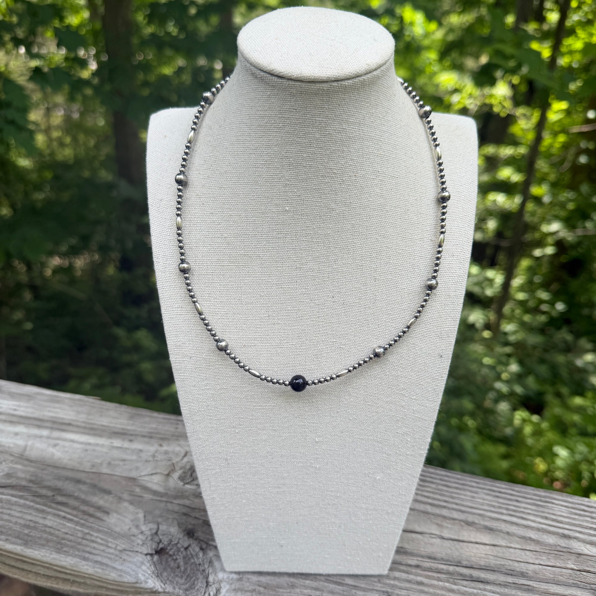 Sterling Desert Pearl & Onyx Necklace-18"