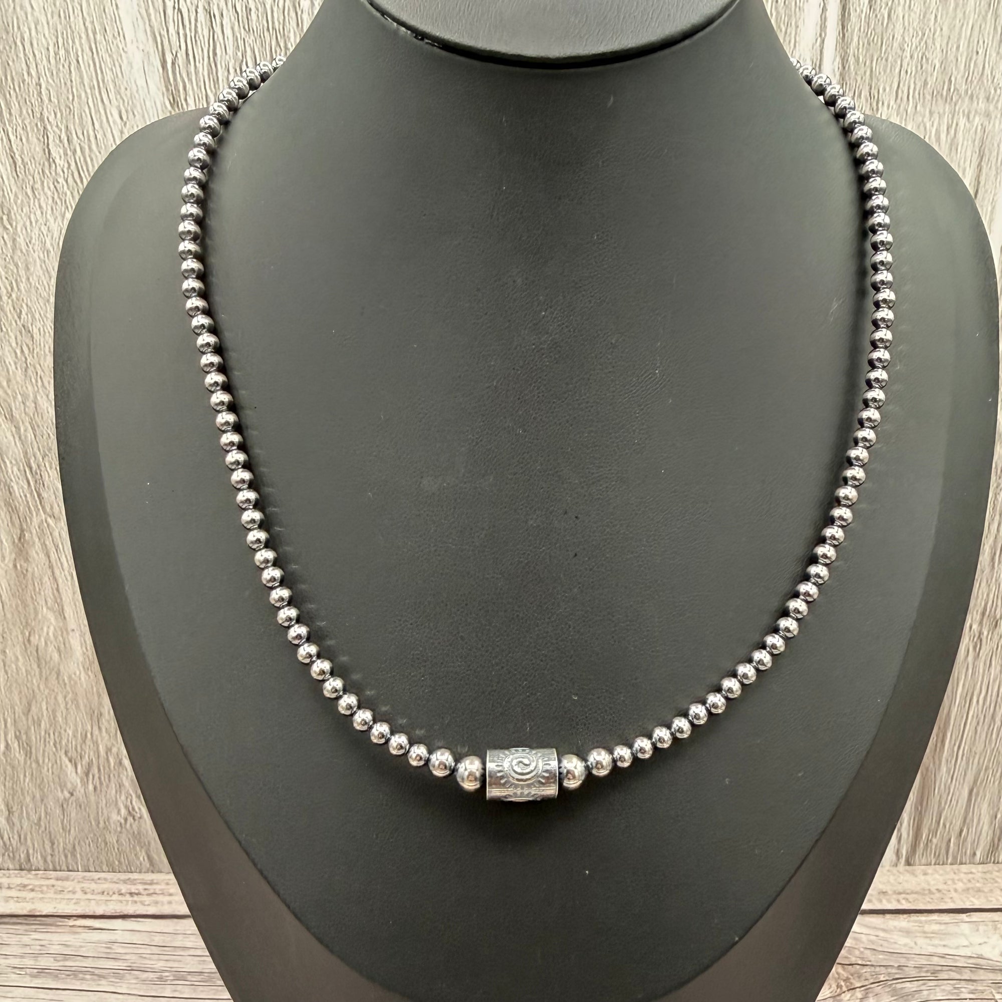 4/5/6mm Sterling Desert Pearl &XL Barrel Bead Necklace-18"