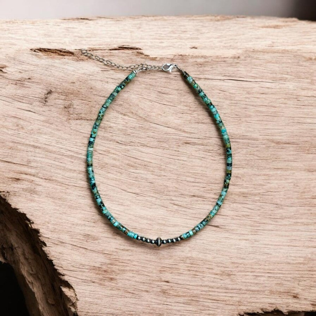 African Turquoise Heishi & Sterling Silver Pearl Necklace