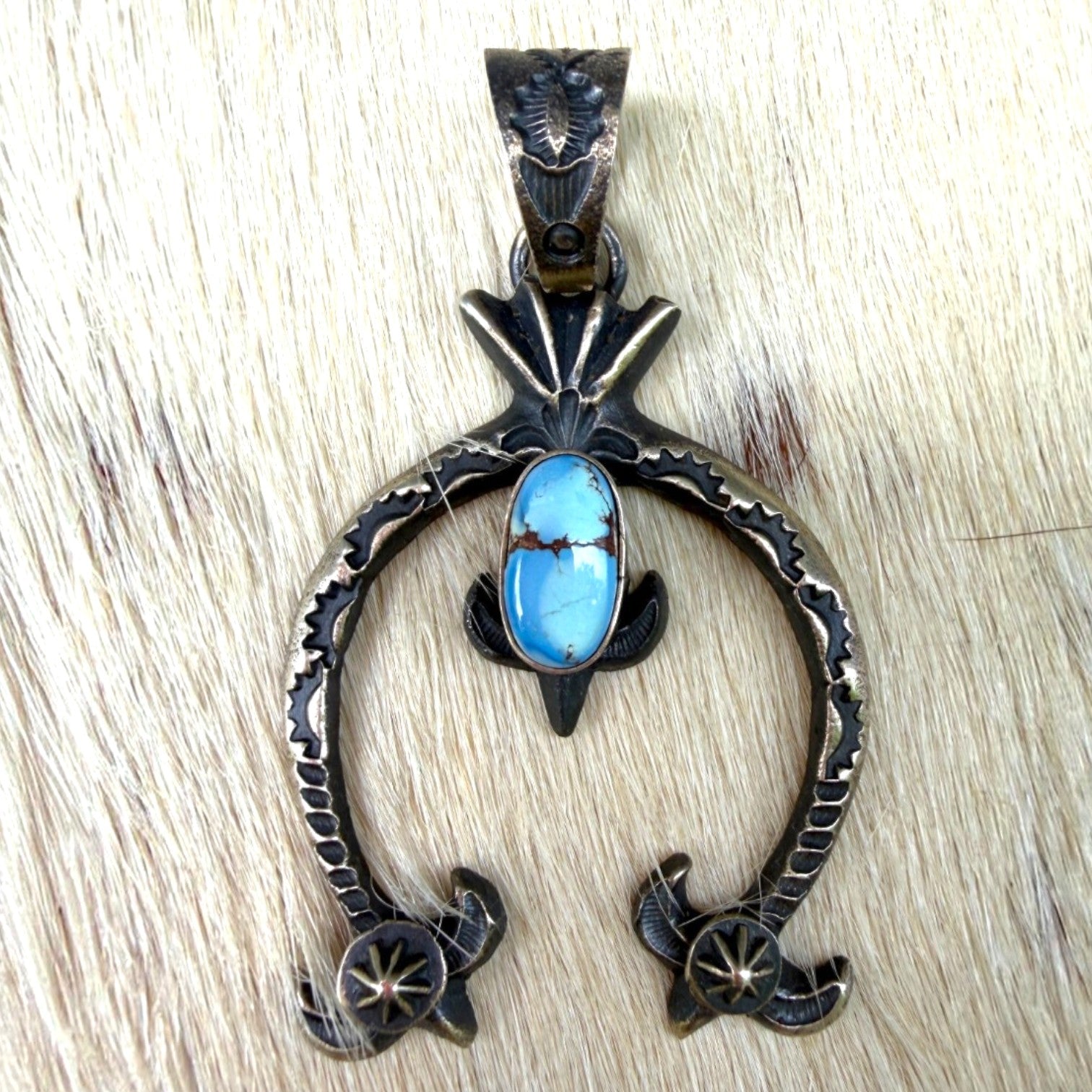 Navajo Handmade Golden Hills Turquoise Naja Pendant - Kevin Billah