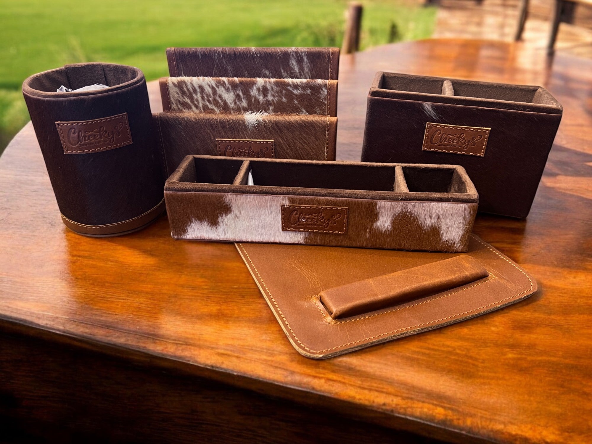 Brown Cowhide Five Piece Desk Set