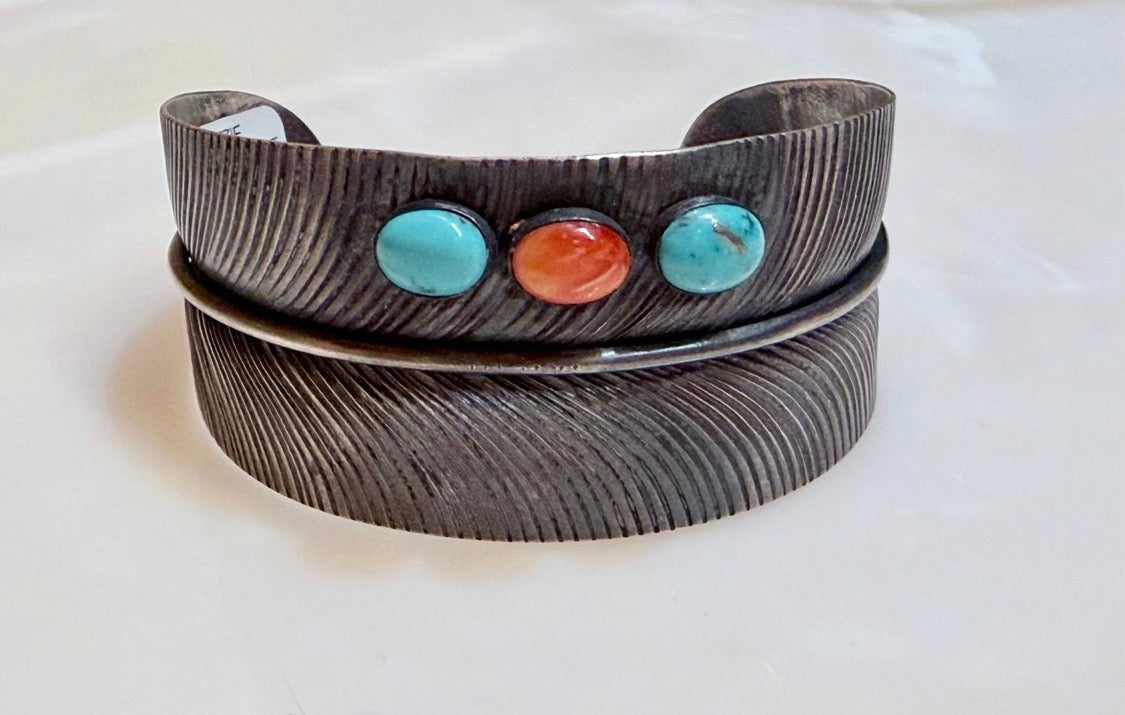 Spiny & Golden Hills Feather Cuff by Tonya Yazzie
