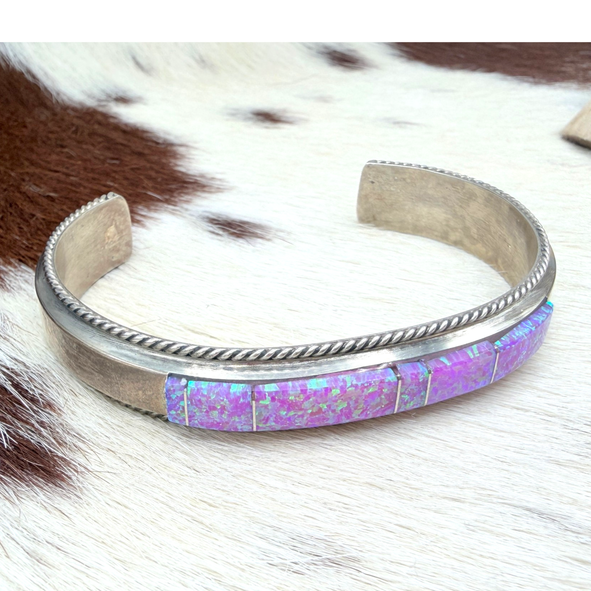 Pink Fire Opal Inlay Cuff by Fran Yazzie