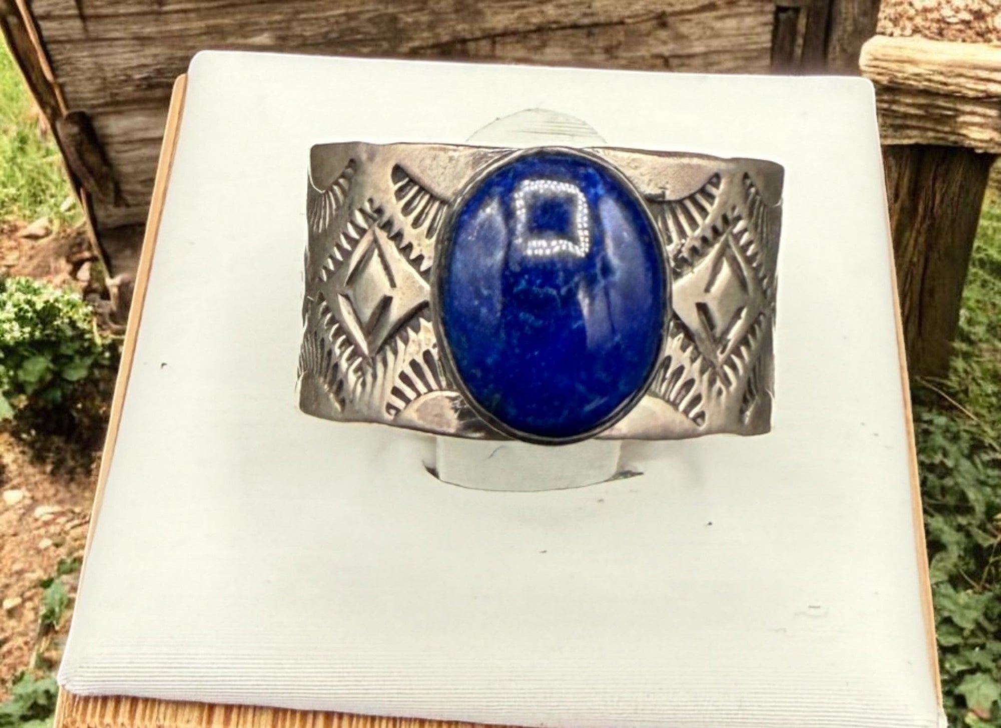 Hand-Stamped Sterling Silver Lapis Ring - Arnold Goodluck (Navajo)- 7.5