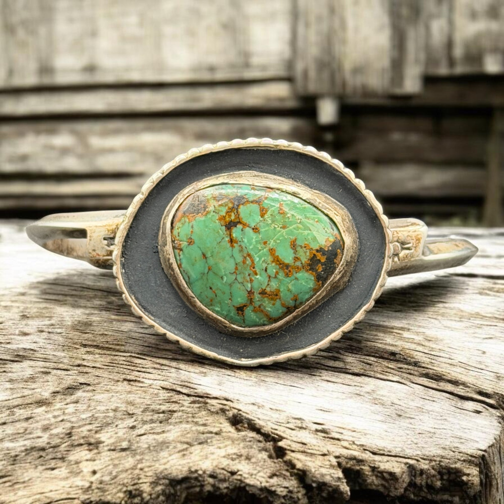 Vintage Native Dark Green Webbed Sterling & Turquoise Cuff