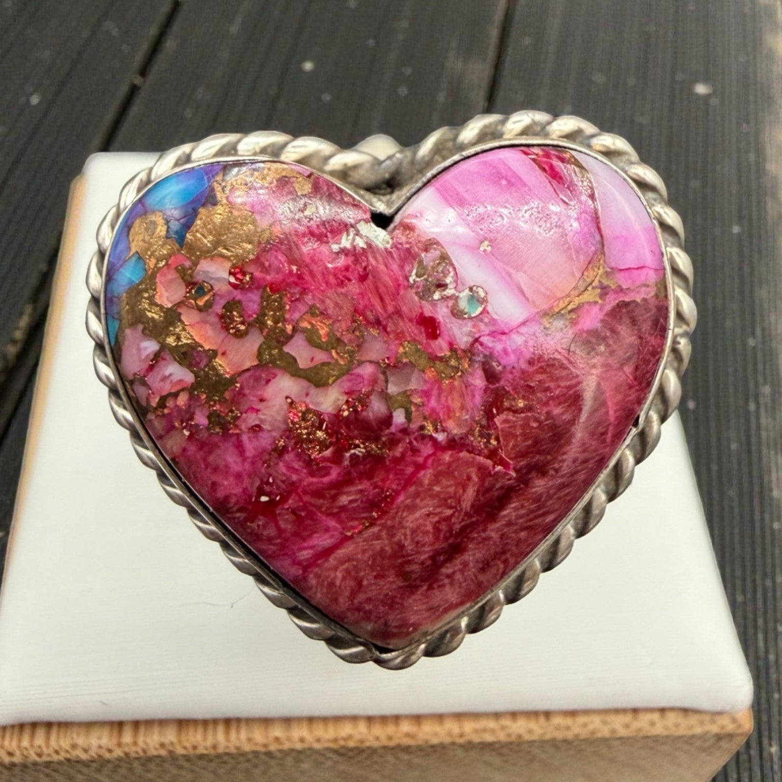 The Valentine's Day Collection-Sterling Silver Mohave Stone Adjustable Heart Ring — by Reeva Goodluck (Navajo)