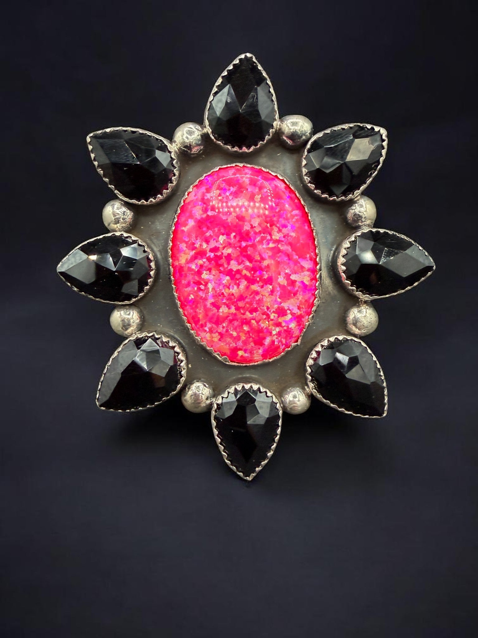 HUGE Hot Pink Opal & Black Diamante Cluster Ring – Size 6 3/4 By Alberta Yazzie
