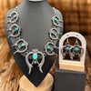 **COLLECTION PIECE**Navajo Tufa Cast Squash Blossom Necklace & Earrings Set – Heavy Sterling & Turquoise By Lindberg Billah & Eva Cayatineto