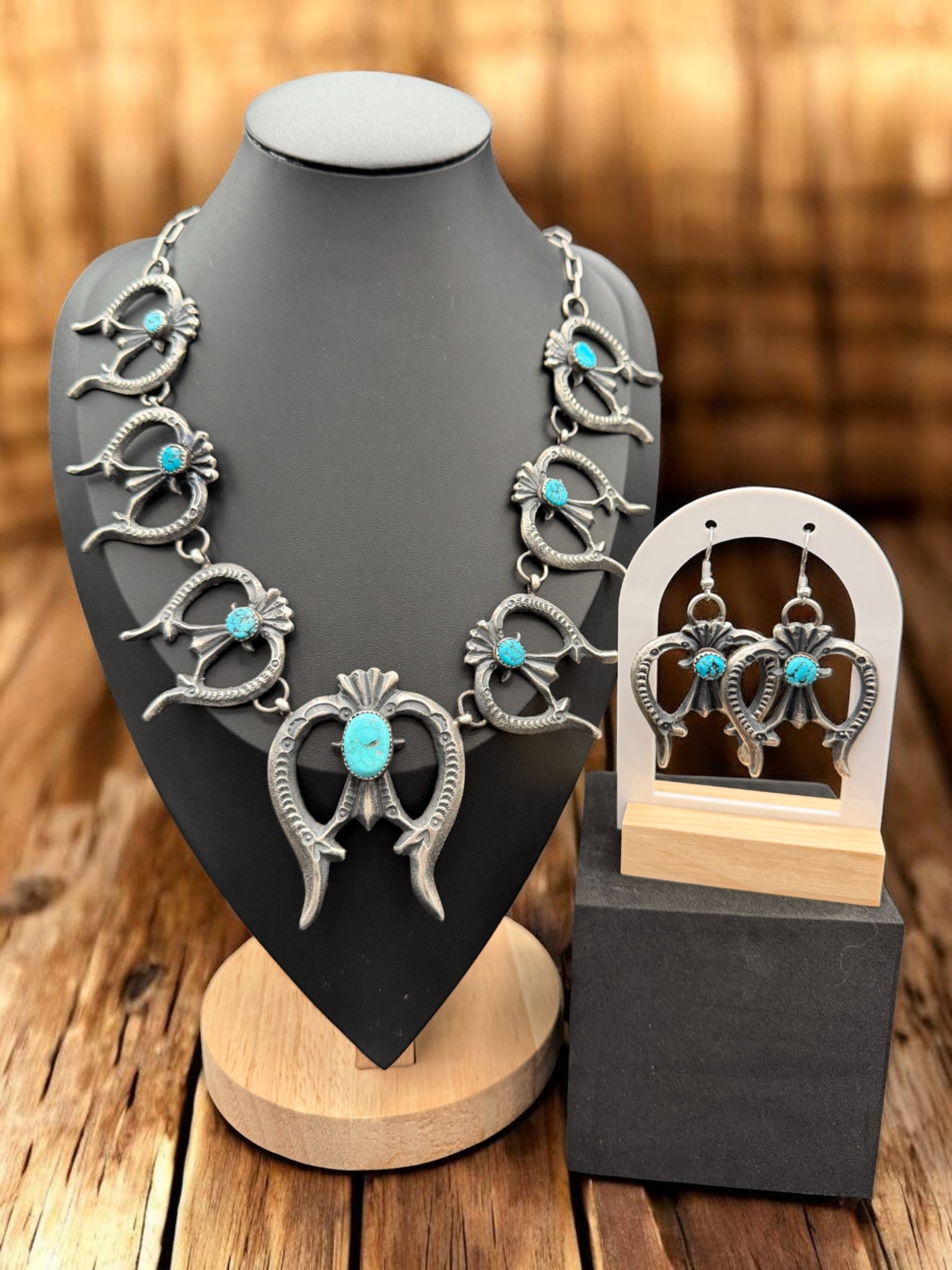 **COLLECTION PIECE**Navajo Tufa Cast Squash Blossom Necklace & Earrings Set – Heavy Sterling & Turquoise By Lindberg Billah & Eva Cayatineto