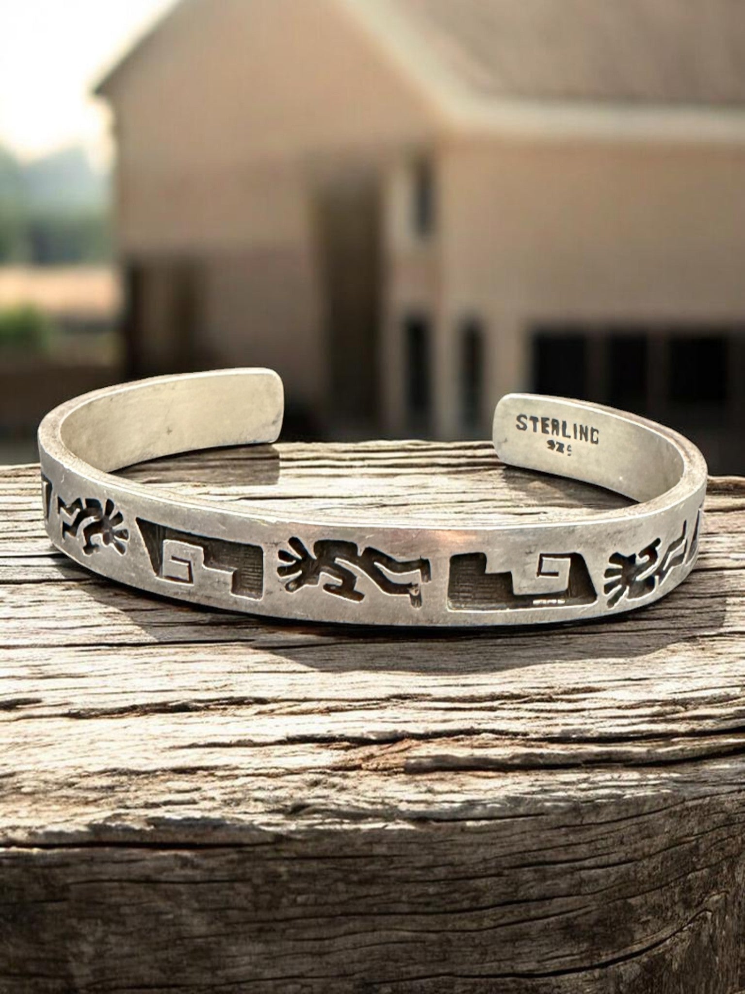 Vintage Sterling Silver Brushed Finish Kokopelli Overlay Cuff Bracelet