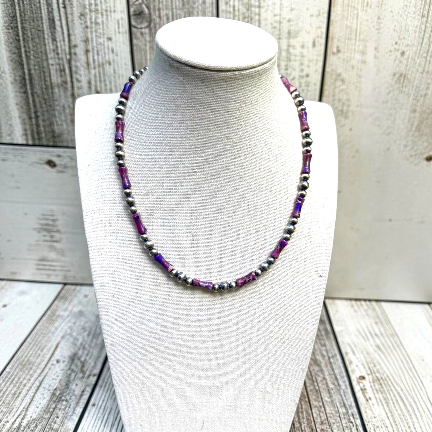 Purple Sea Sediment Jasper & Sterling Desert Pearl Necklace 16.5"