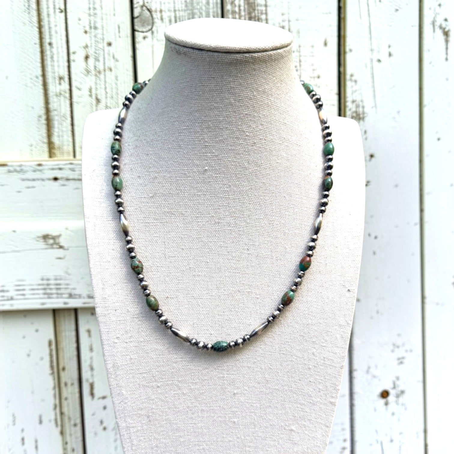 Hubi Turquoise & Sterling Pearl, Torpedo, and Saucer Necklace 18.5"