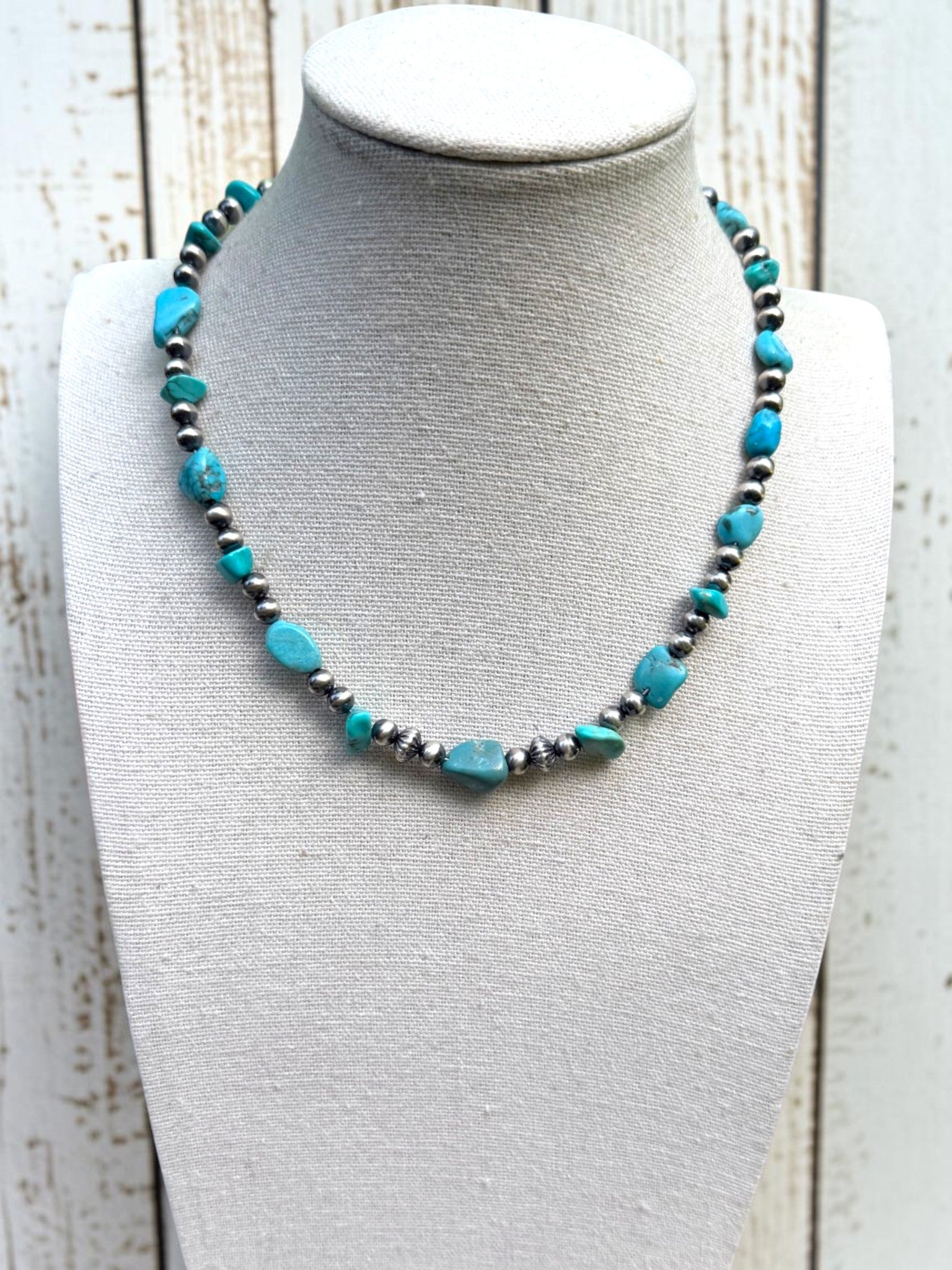 Whitewater Turquoise & Sterling Pearl 15"+2'