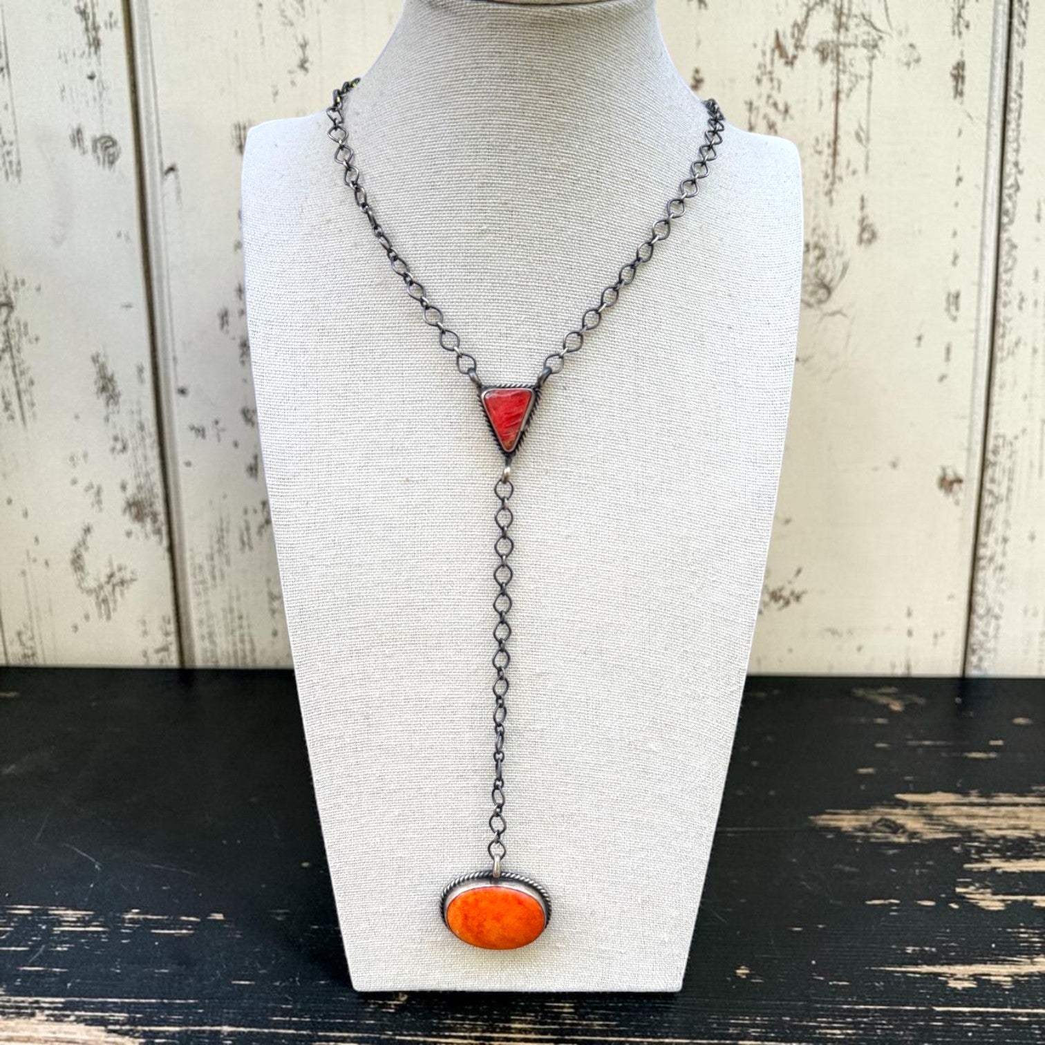 XL Red & Orange Spiny Lariat NecklaceHandmade by Sheila Bencini Sterling Silver