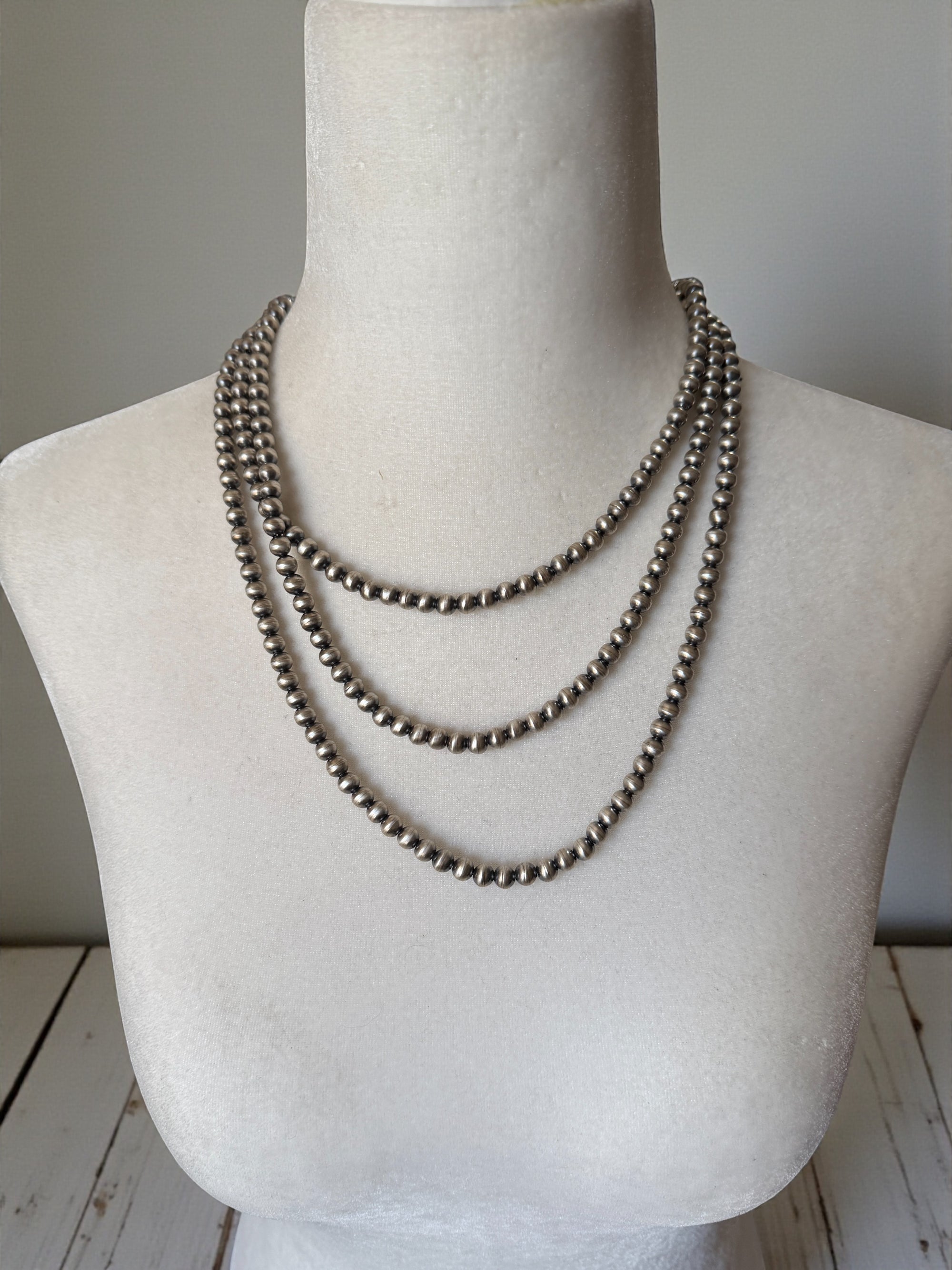 Sterling Silver Handmade Navajo Pearl Necklace- 60" 6mm Round Pearls by Dorinda Mariano