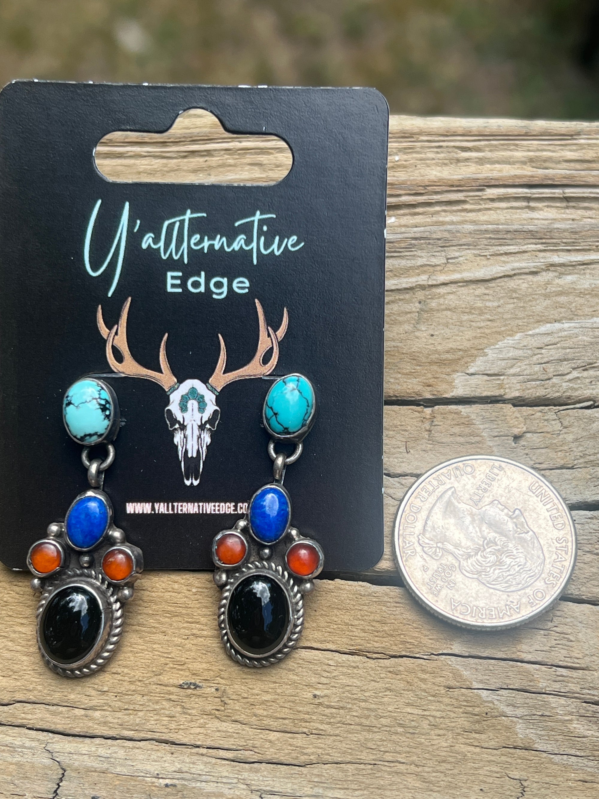 🔥 Vintage Native Made Turquoise, Coral, Lapis & Onyx Dangle Earrings 🔥