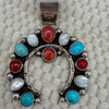 Native Made Sterling Coral, Turquoise & Mother of Pearl Naja Pendant