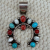 Native Made Sterling Coral, Turquoise & Mother of Pearl Naja Pendant