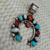 Native Made Sterling Coral, Turquoise & Mother of Pearl Naja Pendant
