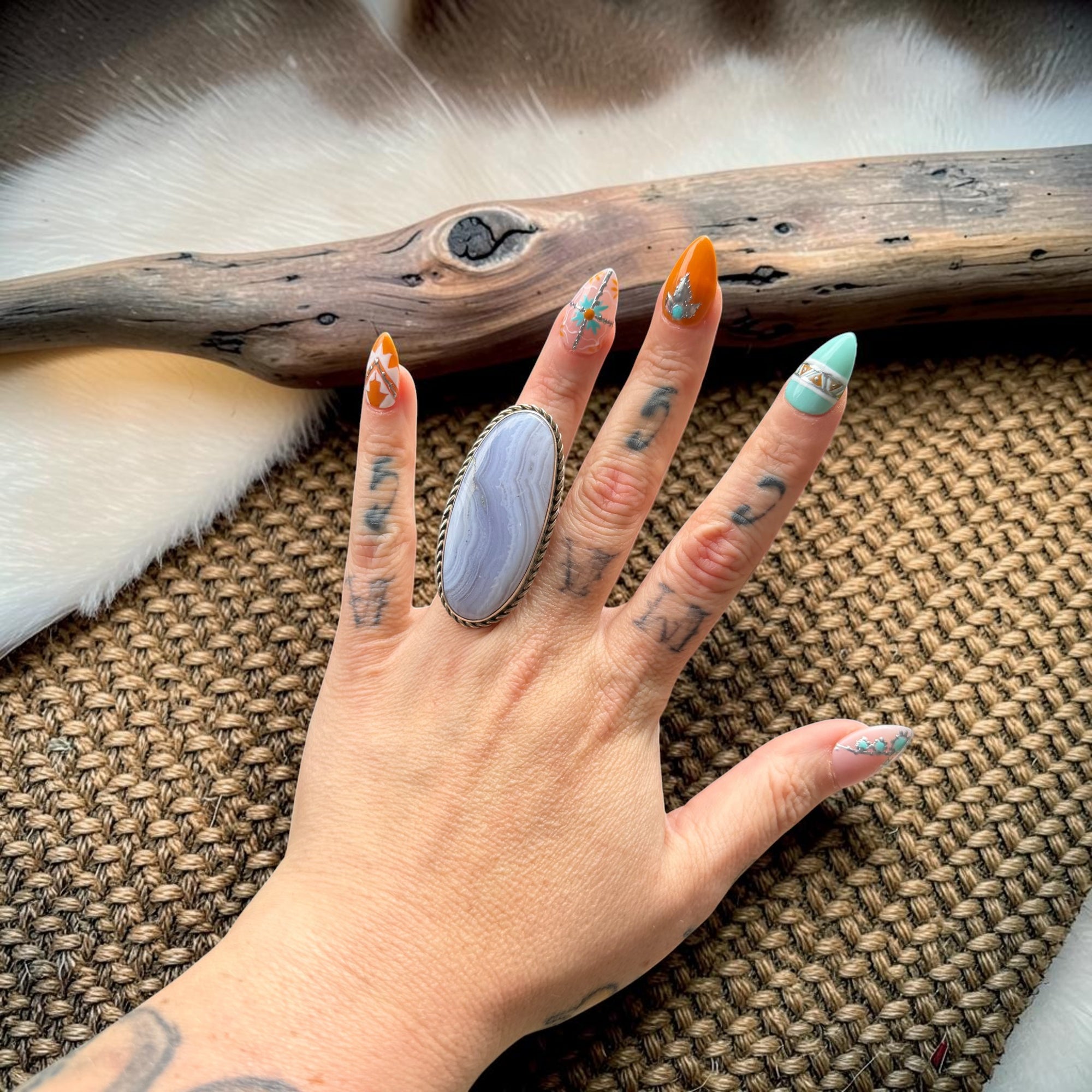 Blue Lace Agate Sterling Silver Statement Ring-NA 6.5