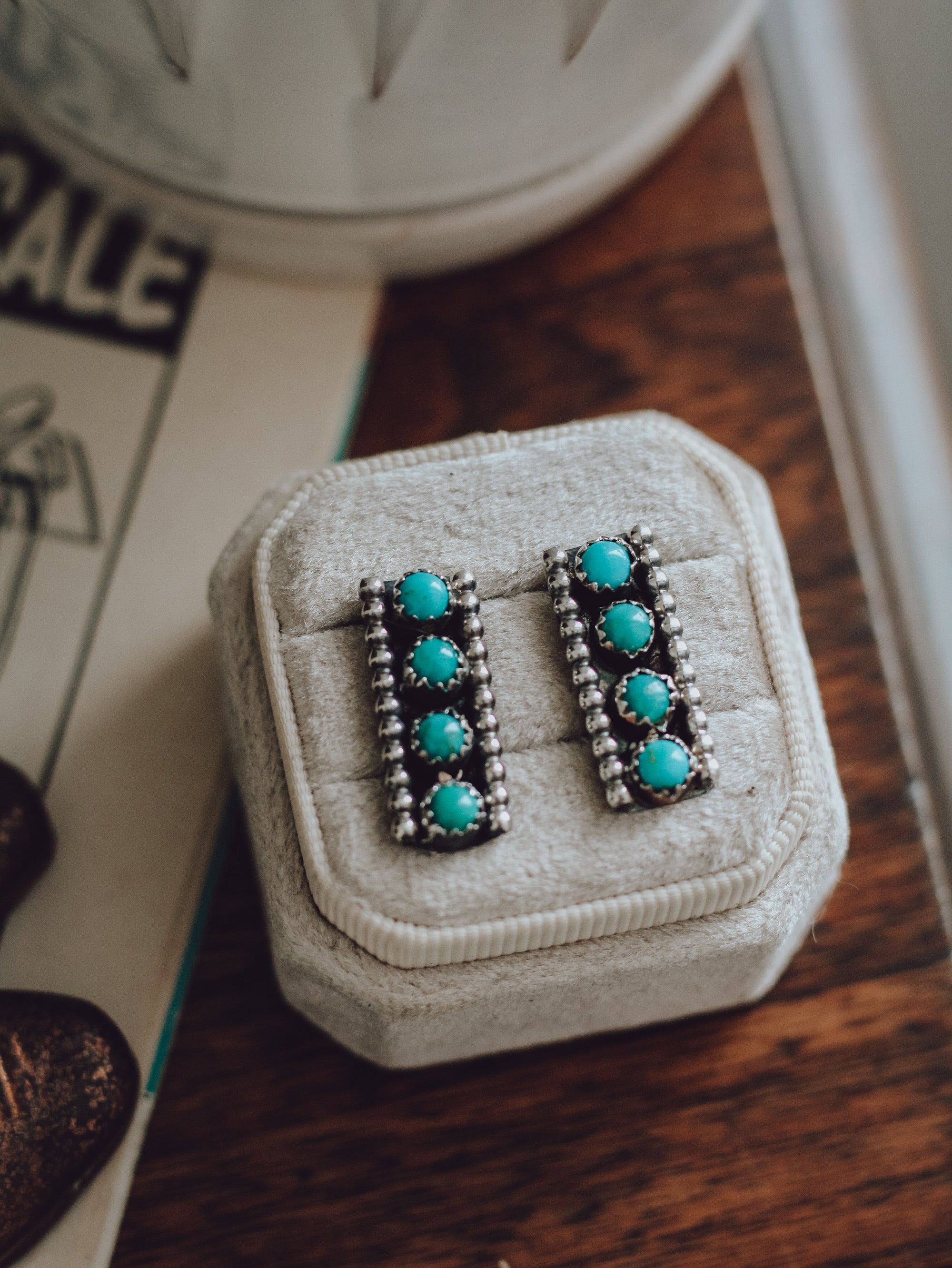 Navajo Esther White Petit Point Turquoise Bar Earrings