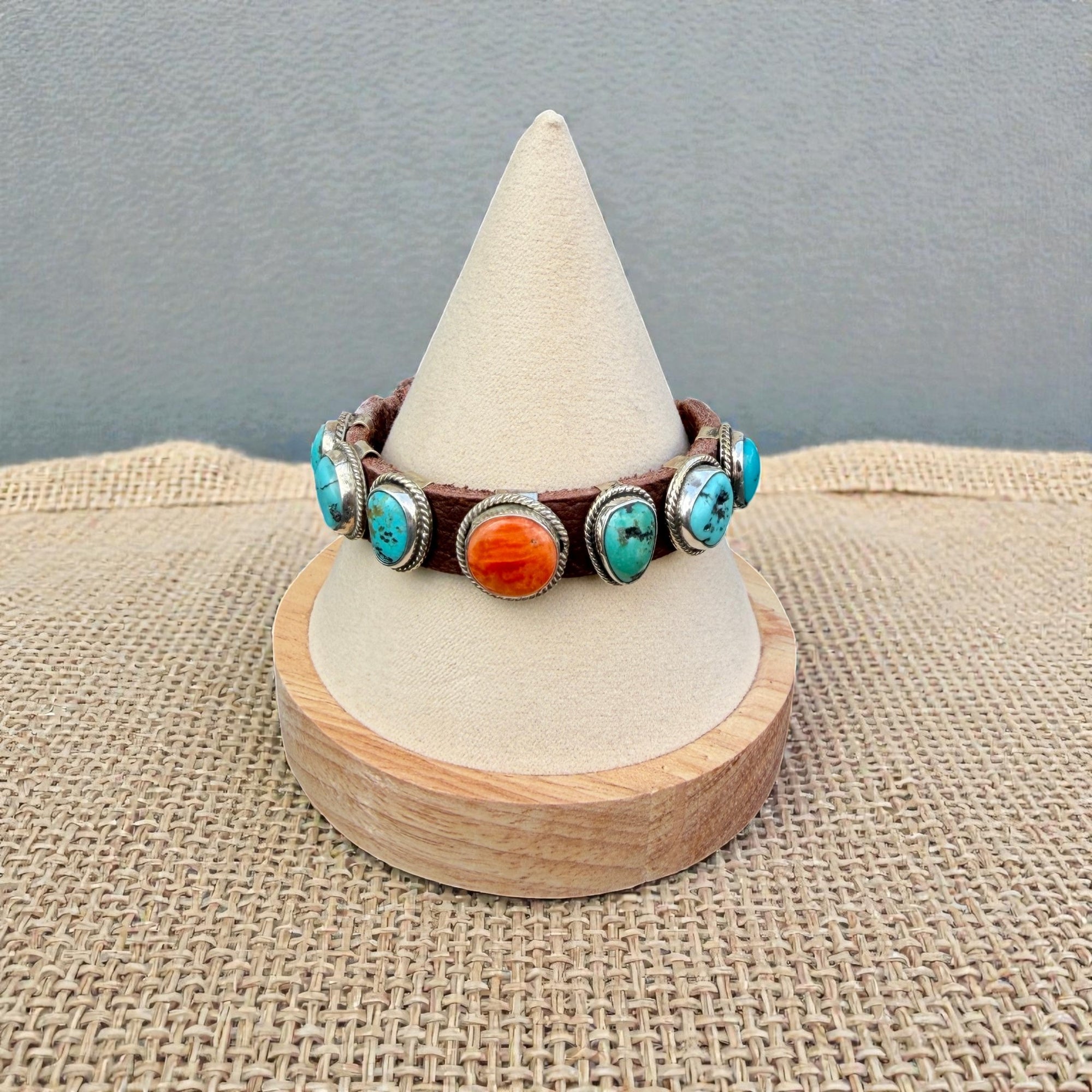 Navajo Silver Leather Turquoise and Spiny Oyster Buckle Bracelet