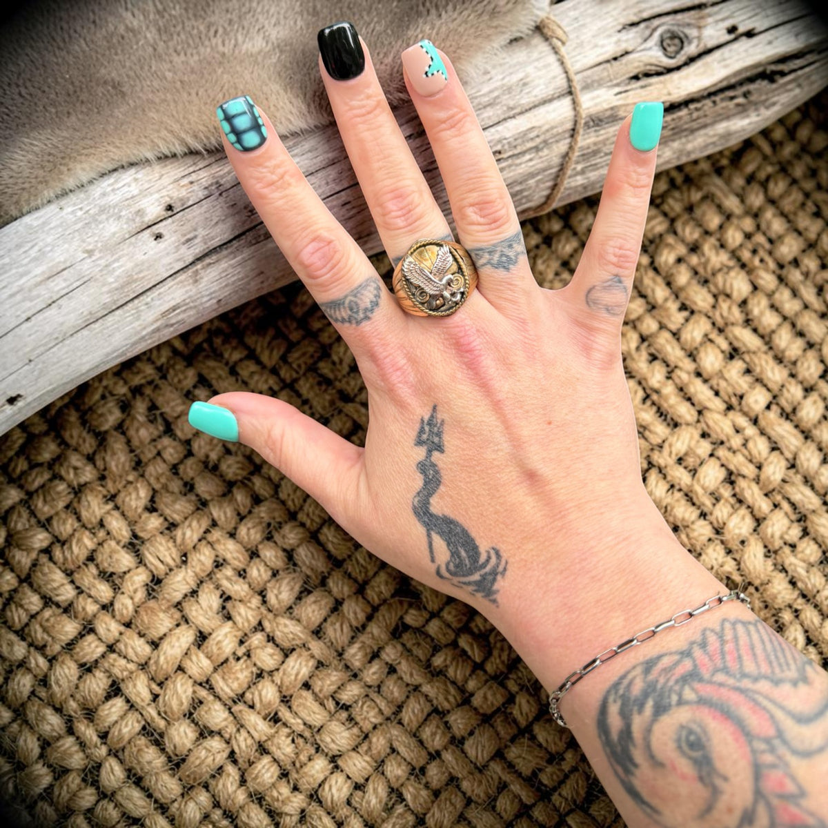 Vintage Navajo Silver Eagle Ring with Gold Fill By Silver Ray-11.5