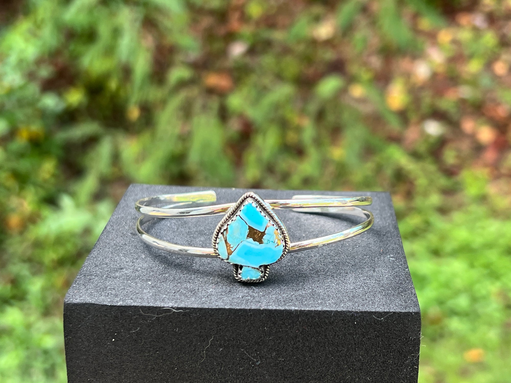 Spade Carved Cotton Candy Turquoise Bangle — Sterling Silver