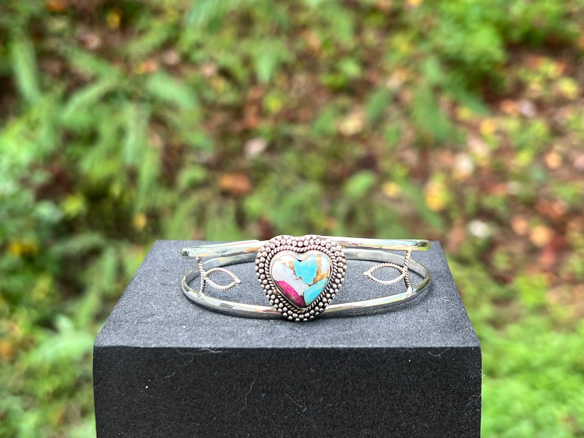 Cotton Candy Turquoise Heart Bangle — Sterling Silver