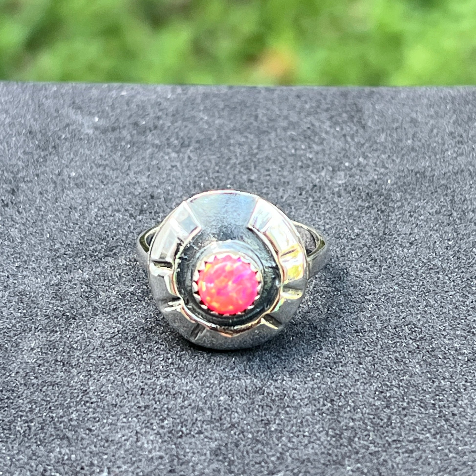 Hot Pink Fire Opal Horseshoe Ring — Sterling, Size 9