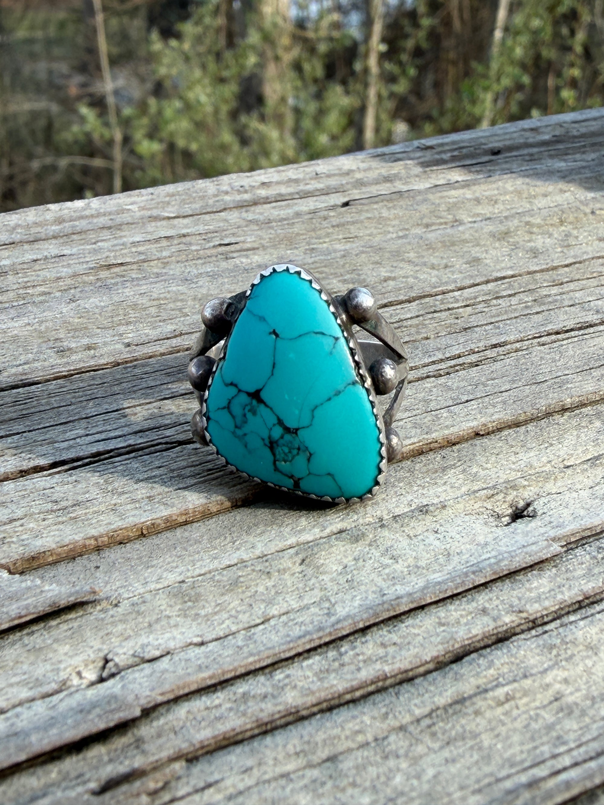 Spiderweb Turquoise Split Shank Vintage Ring- F Martinez 9.5