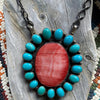 Orange Spiny & Kingman Turquoise Cluster Necklace