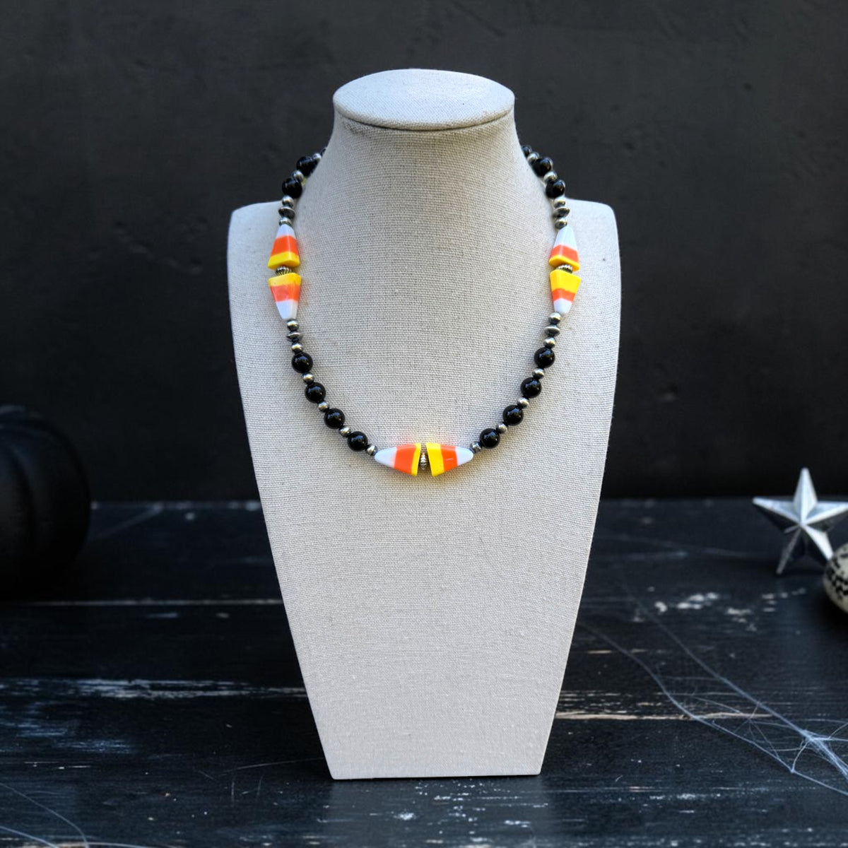 Black Onyx & Candy Corn Necklace — 16"