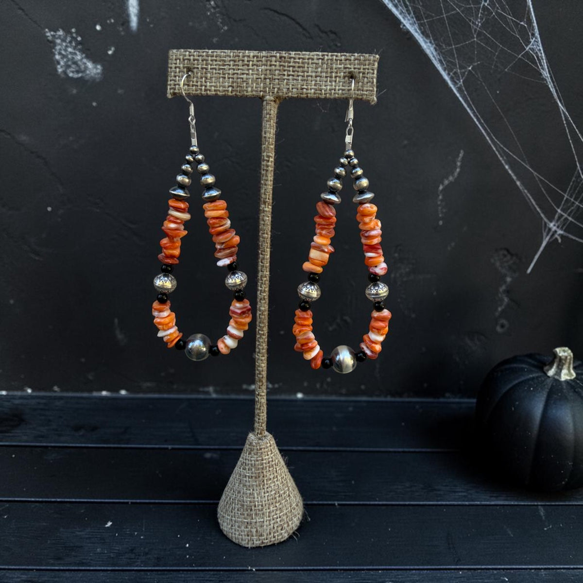 Black Onyx & Orange Spiny Jumbo Pearl Teardrop Earrings — 4"