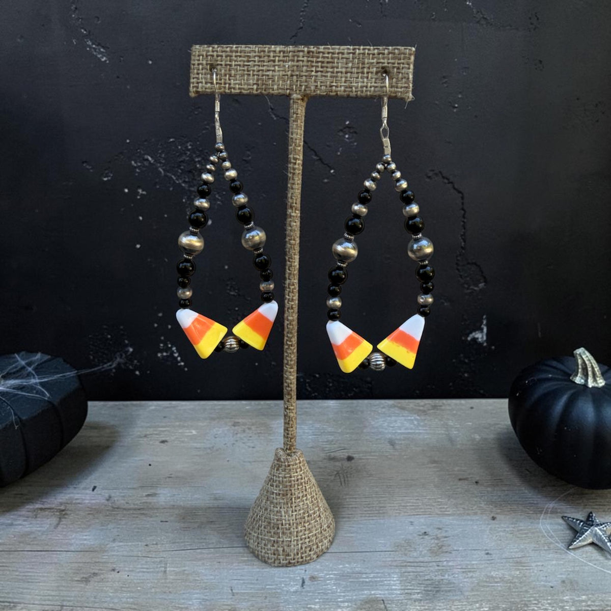 Black Onyx & Glass Candy Corn Earrings — 3.5"