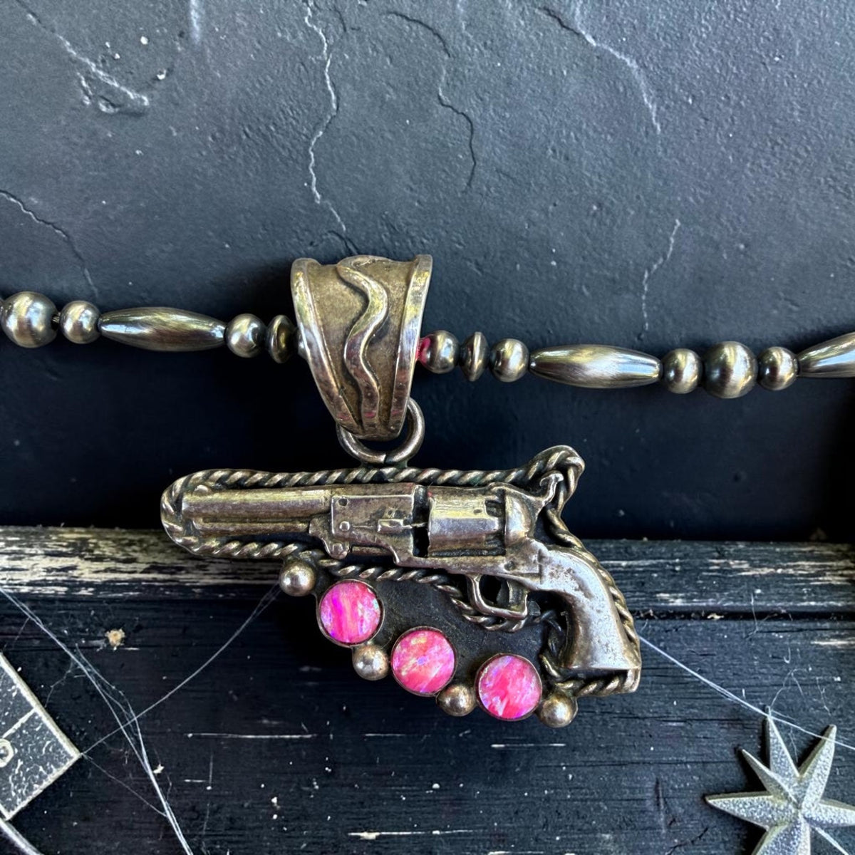 Running Bear Pink Fire Opal Pistol Pendant