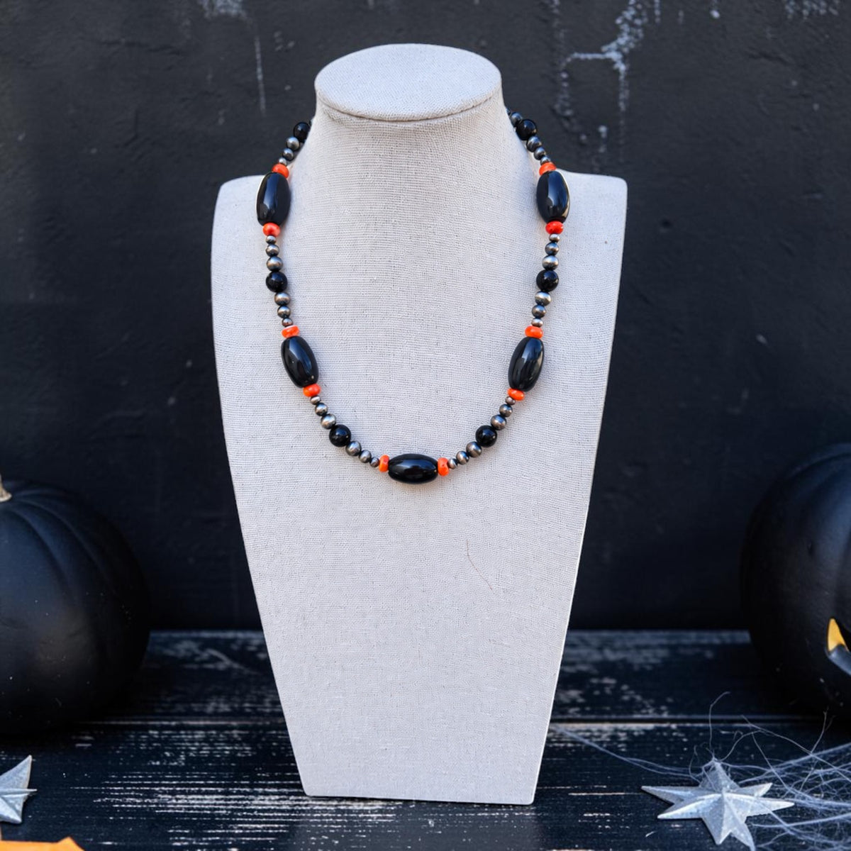 Black Onyx & Orange Spiny Necklace — 16"