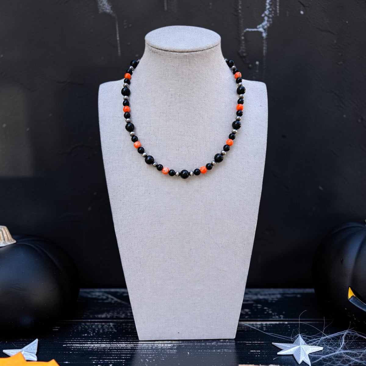 Black Onyx & Orange Sea Sediment Jasper Pearl Necklace — 15" + 1.5" Extender