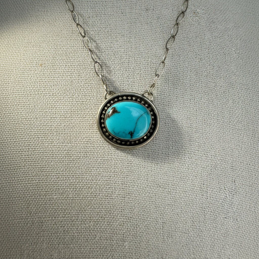 Native Made Turquoise Pendant Necklace – 18" Sterling Chain
