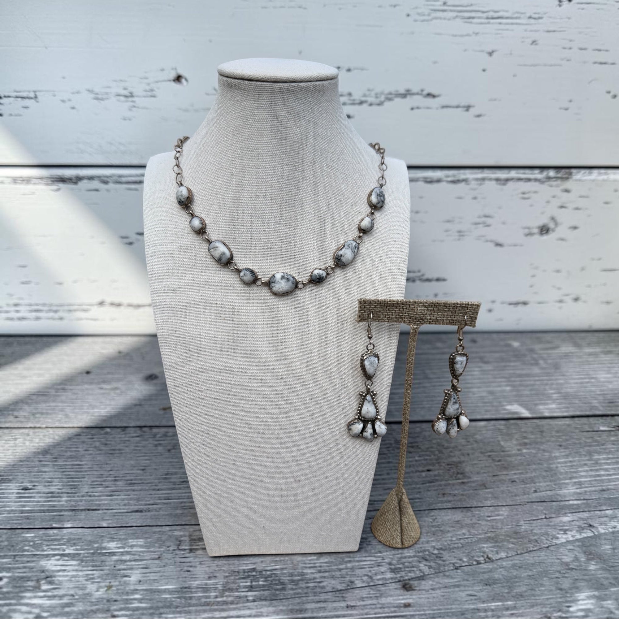 Vintage White Buffalo Set- Choker & Gorgeous Dangle Earrings- Native Handmade