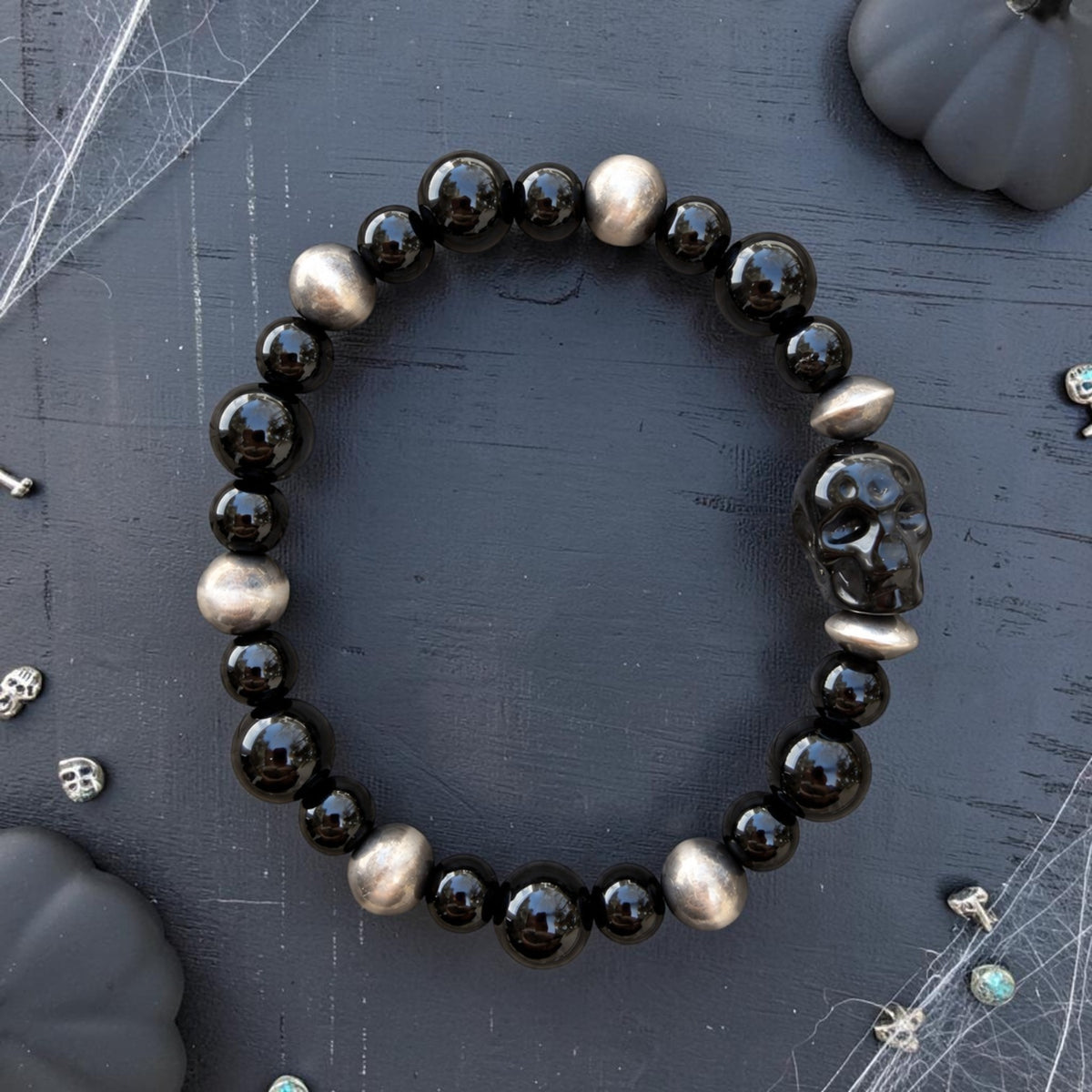 Black Onyx Hand-Carved Skully Stretch Bracelet — 6"