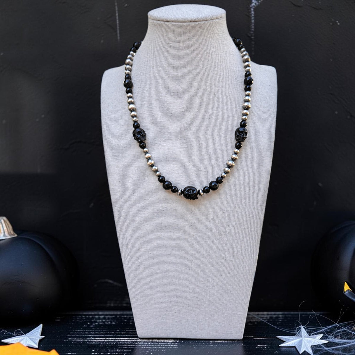 Black Onyx Hand Carved Skully Necklace — 17"